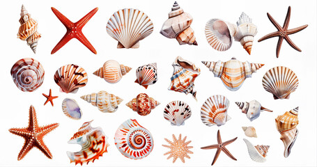 Collection of watercolor painted seashells, stars, various shells on white background