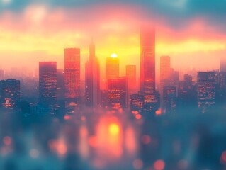Fototapeta premium Cityscape with skyscrapers against a sunset sky, featuring warm tones and misty atmosphere
