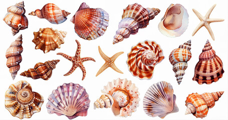 Watercolor collection of seashells and starfish, various shapes and sizes, isolated on white or transparent backgrounds