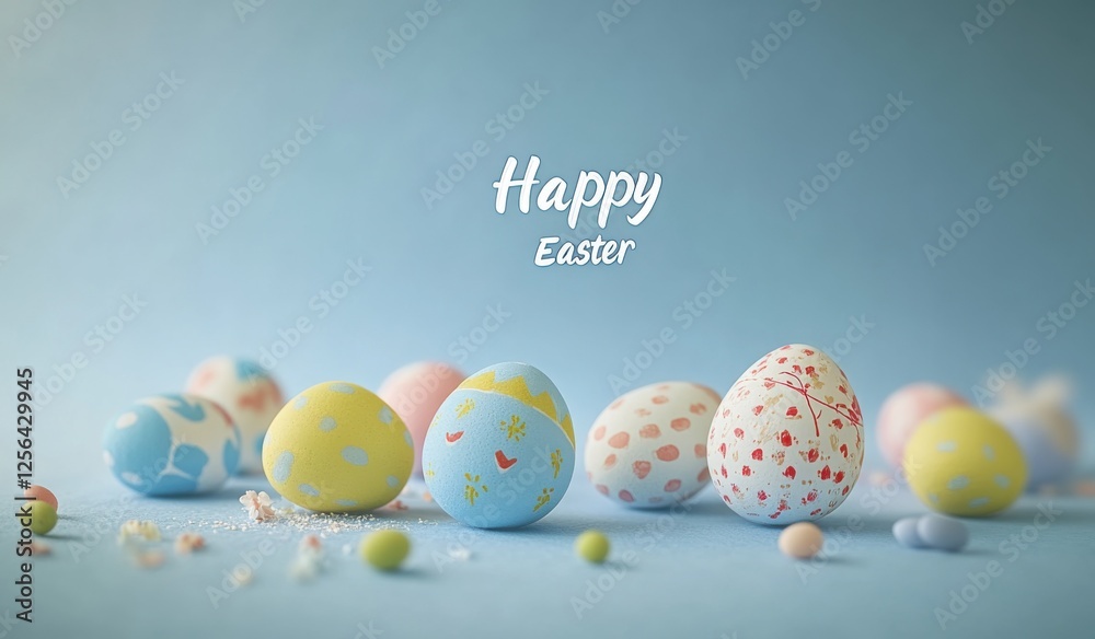 Aufkleber colorful easter eggs on a blue background with the text 