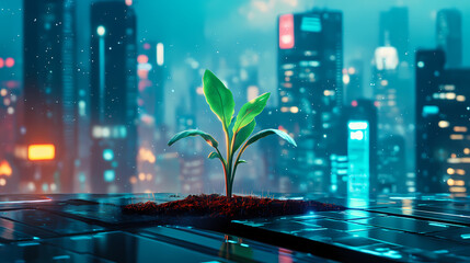 A vibrant city skyline background with a sprouting plant on a futuristic panel, symbolizing urban sustainability and green technology. Bio-Organic Cities. Illustration