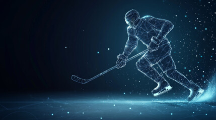 Hockey player consists of points, lines and triangles. The polygon shape in the form of a silhouette of a hockey player on a dark background. Vector illustration. Graphic concept of hockey.