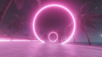 Pink neon circles glow brightly on a beach at night, surrounded by palm trees under a starry sky. Futuristic, surreal scene.