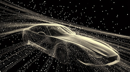 The car consists of dots and circles. Car the wind blows away particles. Vector illustration