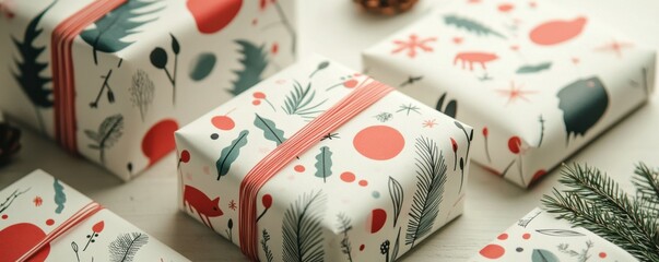 Festive gift boxes with red and green holiday patterns on white surface