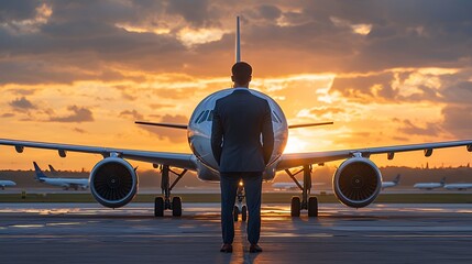 Businessman Standing Before Airplane at Sunset Airport Runway Achievement