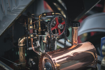 Engine on a vintage, veteran car on a show in Brighton, East Sussex, UK