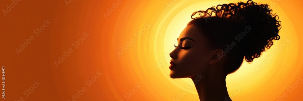 Fototapete Silhouette of a model against a glowing sunset background in a minimalist setting with space for text. Generative AI