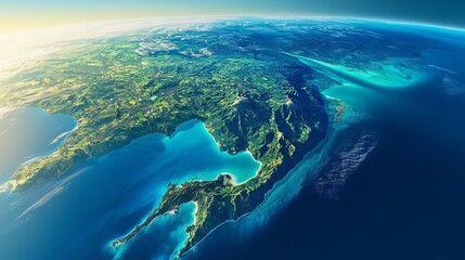 View of Earth from space highlighting rich blue oceans alongside lush green continents, showcasing the planet's beauty during daylight hours