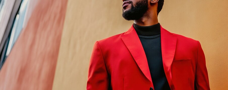 Fashionable young african male in red blazer against colorful wall