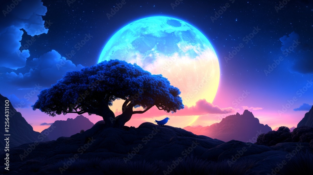 Wall mural Serene night scene: A majestic tree silhouetted against a vibrant, surreal moon. Peaceful, dreamlike atmosphere.