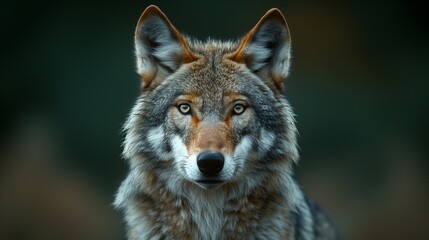 Fototapeta premium A majestic wolf with piercing eyes and a striking coat stands out against a dark background