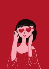 Brunette girl in love with black shoulder-length hair on a red background in heart-shaped glasses. Valentine's Day on February 14. Vertical background