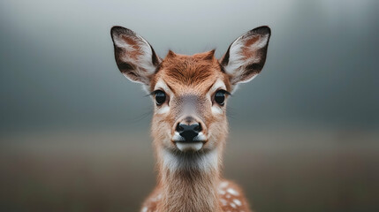 Obraz premium Fawn portrait, misty forest background, wildlife