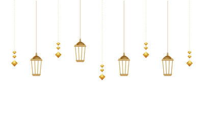 Arabic traditional Ramadan Kareem eastern lanterns garland. Muslim ornamental hanging golden lanterns, stars and moon vector illustration. Islamic oriental garland. Muslim holiday lantern traditional
