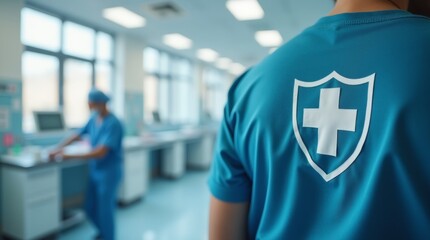 medical cross with a shield on a healthcare professional's uniform, emphasizing the importance of safety in medical environments, with a blurred background of a clinic