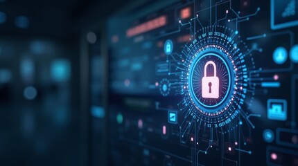 Fototapeta premium lock and shield symbol on a digital interface, emphasizing cybersecurity and protection