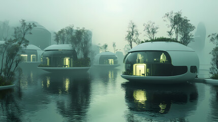 Futuristic floating city on the lake. Bio-Organic Cities. Illustration