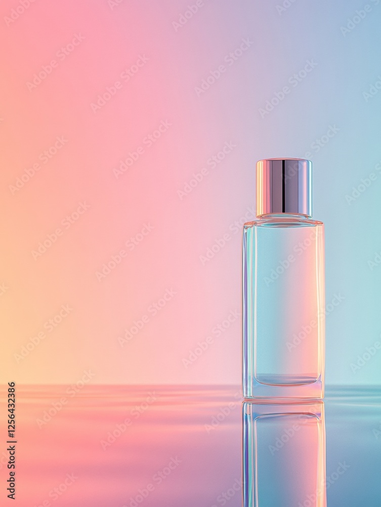 Leinwandbilder sleek cosmetic bottle on reflective surface against pastel toned background with blank space for cus