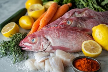 Fresh seafood preparation with fish, herbs, and citrus at a kitchen countertop