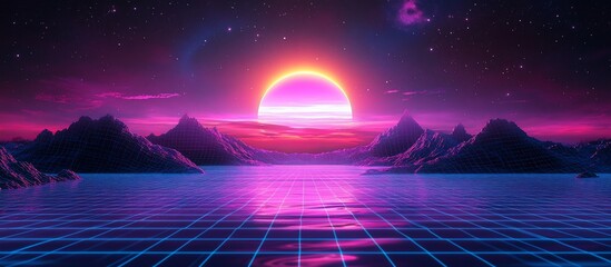 Vibrant retro sunset over a tranquil lake with mountains, creating a serene atmosphere