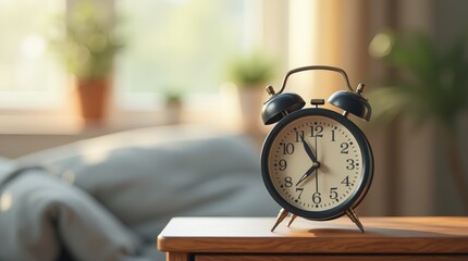 A classic alarm clock ringing on a wooden bedside table, with soft morning light shining in a blurred bedroom background, capturing the motion of the bells.