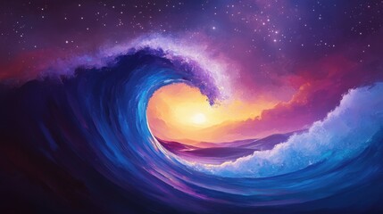 Majestic Ocean Wave at Sunset Under Starry Sky