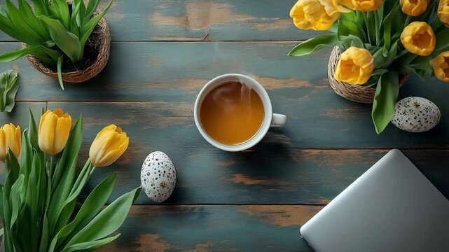 Relaxing Tea Time Surrounded by Fresh Tulips and Easter Eggs