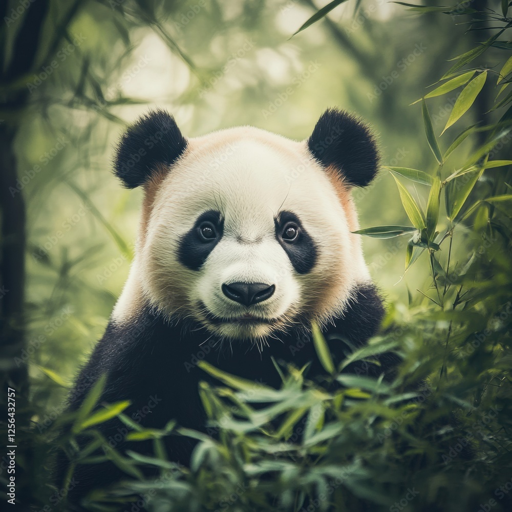 Poster Panda portrait captured in a serene bamboo forest with a gentle light filtering through the leaves. Generative AI