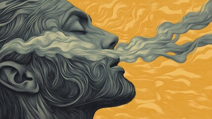 A man exhales a wisp of smoke against a warm, yellow background. The artwork is done in a detailed, swirling style.