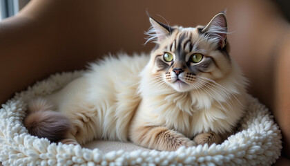 Obraz premium Fluffy cat relaxing in cozy pet bed on a brown armchair