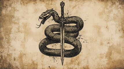 Naklejka premium Snake coiled around a sword displayed on a textured wall in a dramatic and artistic composition