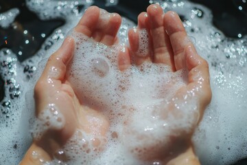 Hands filled with soap bubbles in clear water during a relaxing bath experience