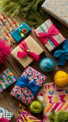Colorful wrapped gifts arranged on wooden surface in bright sunlight