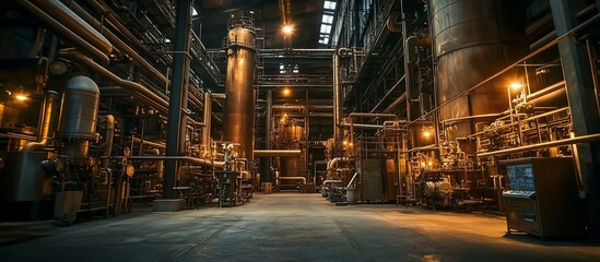Fototapeta premium Industrial interior showcasing large machinery and pipes in a dimly lit factory environment