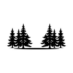 Black silhouettes of fir trees in a graphic style on a white background.