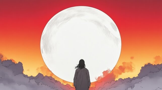 Silhouette of a person standing before a large moon in a vibrant sunset sky. A serene and captivating scene.