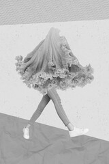 Vertical collage artwork image of black white colors legs salad lettuce leaves walking isolated on...