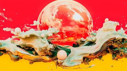 Obraz premium Abstract art featuring swirling, vibrant colors and smooth, glossy textures. A large sphere dominates the background, adding depth and contrast.