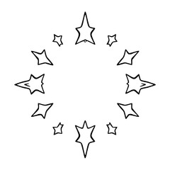 Black outline drawing of a circle of stars around a void, each star's inner points varying.