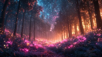 Enchanted Forest at Night with Glowing Plants
