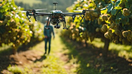 Drone flying above a lush orchard, controlled by a man, modern farming technology,