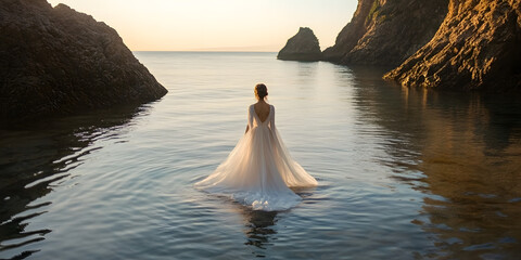A serene coastal scene captures a woman in a flowing gown wading through tranquil waters, framed by rocky cliffs under a soft sunset glow, evoking peace.