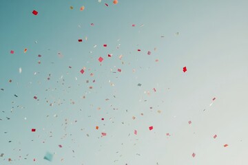 Colorful confetti raining down over a clear sky during a joyous celebration at sunset