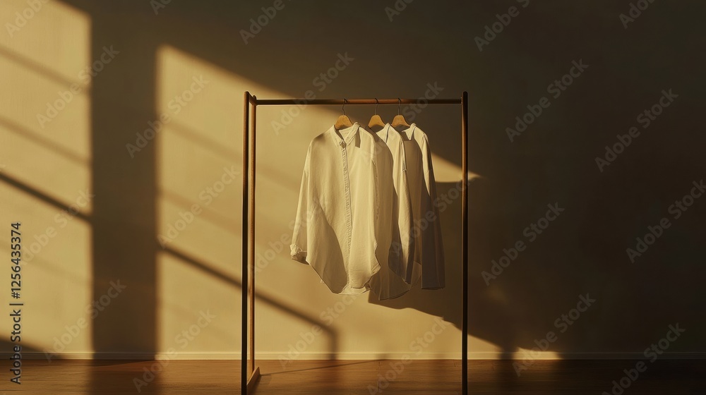 Poster minimalist clothing rack showcases neatly arranged garments in soft natural light. generative ai