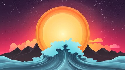 Obraz premium Vibrant sunset over a serene ocean, with large waves crashing against the silhouette of mountains. The scene is stylized with a paper-cut aesthetic.