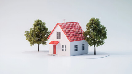 The house with the red roof. Building on a white background. 3D.