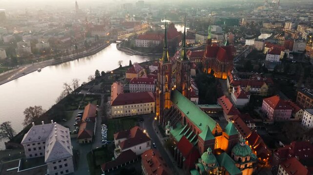  City of Wroclaw, Ostr&oacute;w Tumski after sunset, Lower Silesia Poland.