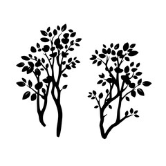 Black and white silhouettes of trees against a stark white background. Minimalist, nature-inspired artwork.