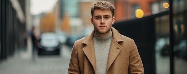 Obraz premium Caucasian young adult male in urban setting wearing tan coat